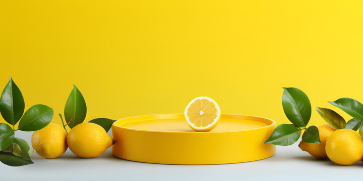 Lemon podium product fruit platform on yellow Background   