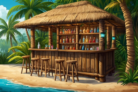 A Tiki bar set against a lush tropical backdrop