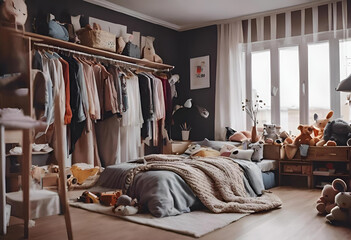 Messy, cluttered teenage boy's bedroom with piles of clothes, AI Generative