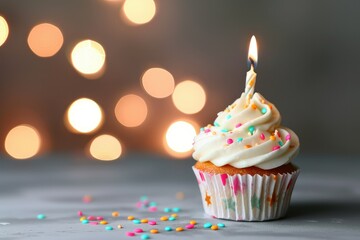 A Birthday cupcake with candle on light grey table against blurred lights background