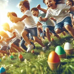 Close-up of a joyful Easter egg roll competition on a grassy hillside Energetic and festive Perfect for depicting outdoor Easter activities 