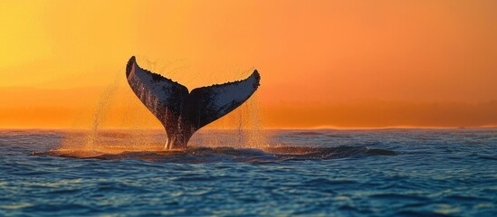 As the sun sets, the humpback whale's tail gracefully emerges from the water, blending with the natural landscape and creating a serene horizon. - obrazy, fototapety, plakaty
