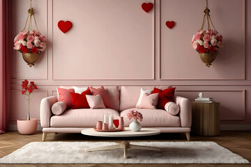 Awesome Interior of living room with sofa and decor for Valentine's Day with pink and red hearts