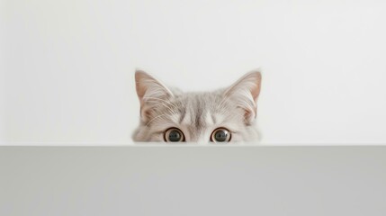 cute little british shorthair kitten peeking out from behind a white wall