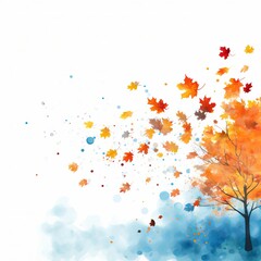 Autumn background with watercolor maple tree and falling leaves.