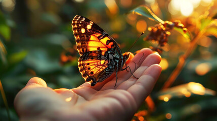 Palm of the hand closeup holds a beautiful orange chrysalis about to take flight on unfocused nature background. Monarch butterfly. Freedom, Good luck and love in Feng Shui. Ai generated