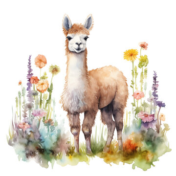 Alpaca collage with beautiful colored flowers, pastel watercolor illustration, PNG file