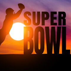 Silhouette of American football quarterback on sunset background. Super bowl. 3d illustration