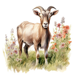 Goat clipart with beautiful colored flowers, pastel watercolor illustration, PNG file