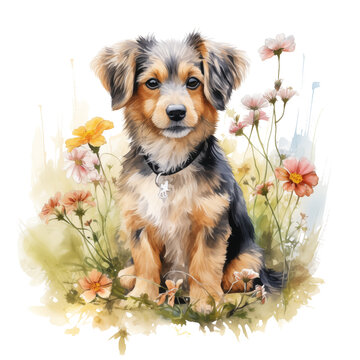 Dog clipart with beautiful colored flowers, pastel watercolor illustration, PNG file