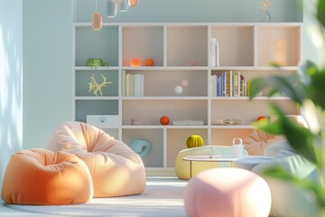 A colorful, warm, child-friendly reading corner featuring plush seating, a bookcase with colorful books, and a playful decor.