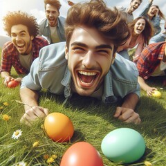 Close-up of a joyful Easter egg roll competition on a grassy hillside Energetic and festive Perfect...