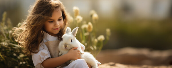 A young girl affectionately holds a white bunny, surrounded by flowers.