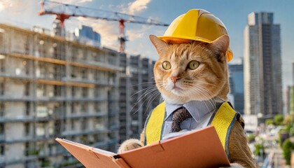 工事現場で働く猫