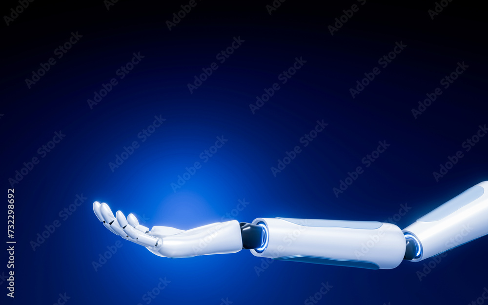 Poster a robot or android arm opens its hand like it is holding something in the palm of its hand. a glowin
