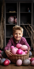 Fototapeta na wymiar Easter Basket Full of Colorful Eggs - Smiling Boy Poses with his Collection