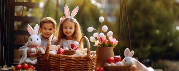 Obraz na płótnie Canvas Young Boy and Girl Posing with Their Baskets of Easter Bunny Gifts