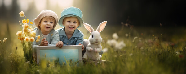A happy moment shared by two children with their cute bunny friend - obrazy, fototapety, plakaty