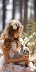 A little girl cuddling a big rabbit