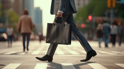 Close-up of legs Businessman crossing the street on the crosswalk and holding a laptop bag in the city.