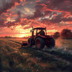 a farmer riding a tractor in the field	