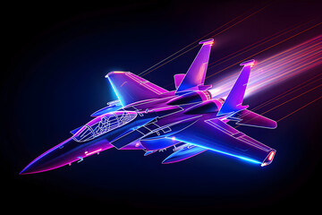 Fototapeta na wymiar Vibrant neon fighter jet illustration isolated on black background. Created with generative AI.