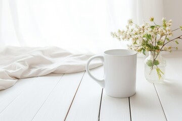 White coffee mug mockup with flower bouquet.