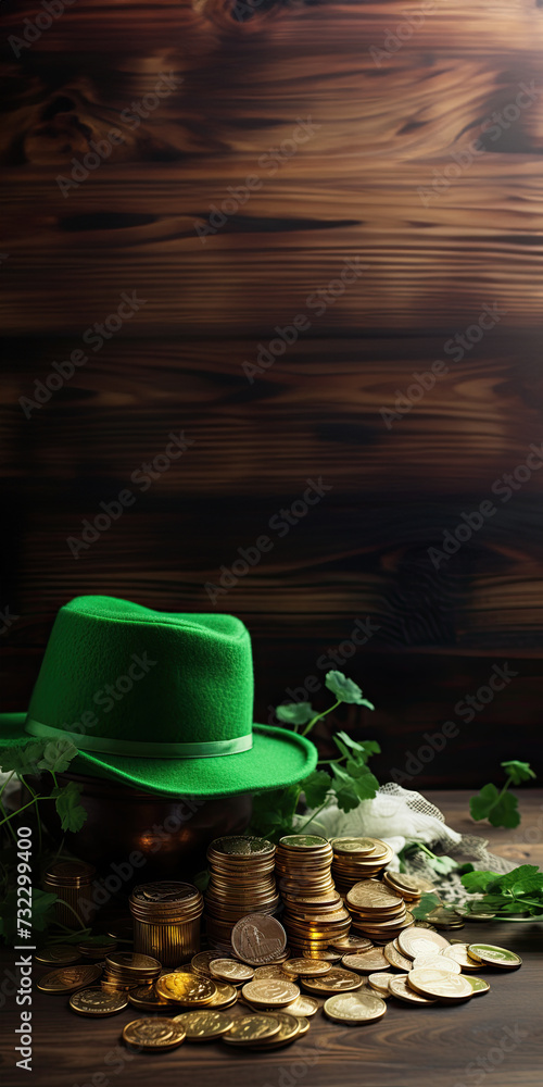 Sticker Lucky Day - Green Hat and Coins on a Wooden Table