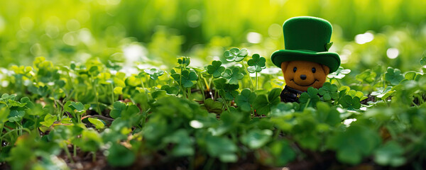 St. Patrick's Day themed bear with a green hat and coat, holding a four-leaf clover. - obrazy, fototapety, plakaty