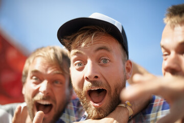 Men, excited and portrait of friends at music festival, event and smile at social gathering. Face,...