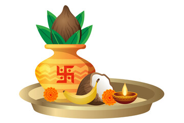 auspicious kalash and pooja thali in hindu culture and tradition vector
