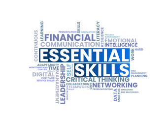 Word Cloud Design Featuring Essential Professional Skills in Blue Typography – Leadership, Communication, Digital Literacy, Critical Thinking