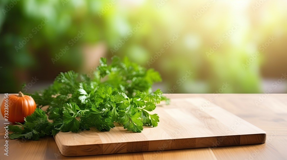 Wall mural cutting board and bunch of parsley. empty space for business template and product presentation in ki