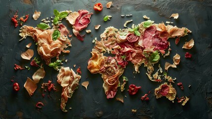 World map made of ham. All continents of the crudo world