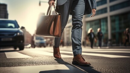Close-up of legs Businessman crossing the street on the crosswalk and holding a laptop bag in the city.