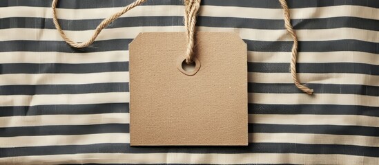 A brown tag made of metal is hanging from a string on a striped fabric, resembling a fashion accessory.