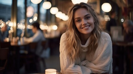 Portrait of girl in cafe. Pretty young woman sitting at table in coffee shop. Concept of youth, leisure and recreation. AI generated