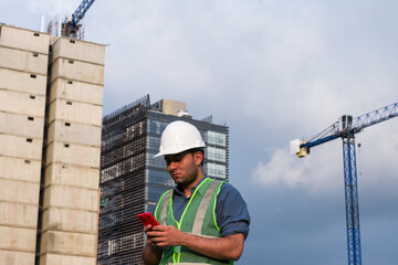 Engineer man working on his phone in construction site