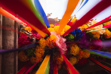 Colorful flower arrangement with ribbons