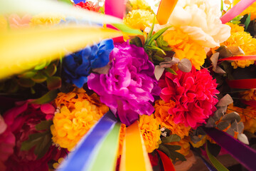 Colorful flower arrangement with ribbons