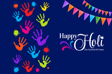 colorful happy holi hindu festival celebration greeting with hand prints vector