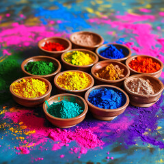 Obraz na płótnie Canvas Holi color powder. Organic Gulal colours in bowl for Holi festival, Hindu tradition festive