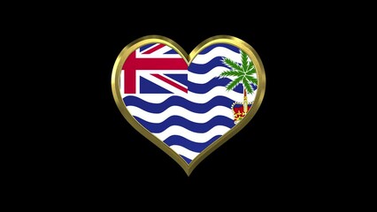 British Indian Ocean Territory Flag In Golden Heart Shape With Alpha Matte. Seamless Loop