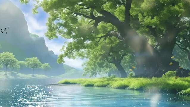 Riverside Retreat: A Majestic Tree, Sunshine, and Blue Skies for a Relaxing Spring Day. Animated fantasy background, watercolor painting illustration style, seamless looping 4K video