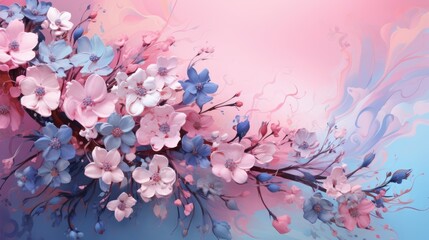 Leaves, blue and pink flowers on a light background. Decor design for printing, wallpaper, textiles, interior design, packaging, invitations. Delicate floral texture.