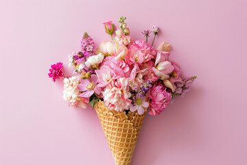 A burst of springtime: a waffle cone overflowing with vibrant blooms sits atop a soft pink backdrop, creating a whimsical and delightful scene.