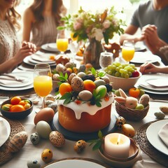 Close-up of a family gathering around a beautifully decorated Easter table with fresh fruits and desserts Warm and inviting Perfect for Easter feast-themed designs 