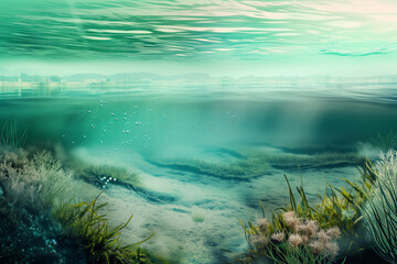 Fototapeta na wymiar Underwater Oasis: Tranquil Aquatic Scene with Flora and Bubbles