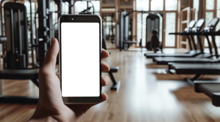 UI UX mockup image of smartphone with blank transparent screen, in hand by the gym with exercise equipment environment furnishings. For fitness apps and websites marketing. PNG background