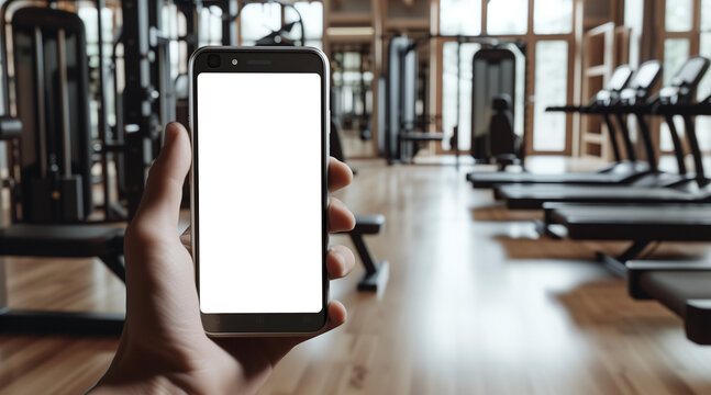 UI UX mockup image of smartphone with blank transparent screen, in hand by the gym with exercise equipment environment furnishings. For fitness apps and websites marketing. PNG background
